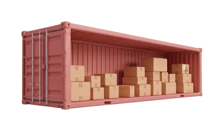 Contenedor de bodega grande, abierto y con cajas de cartón apiladas dentro