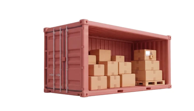 Contenedor de bodega mediano, abierto y con cajas de cartón apiladas dentro