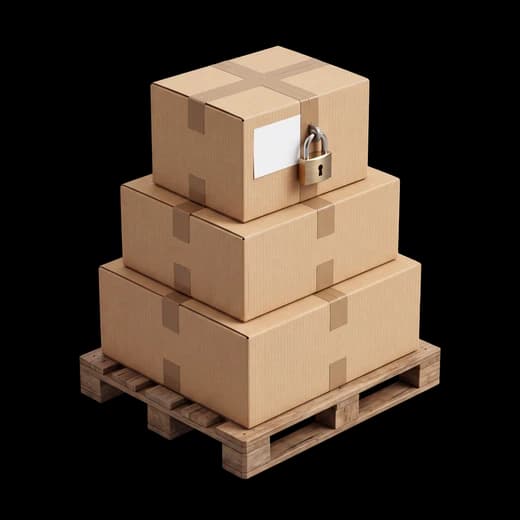 Cajas apiladas sobre un pallet, con candado