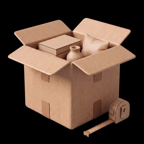 Caja de cartón abierta con objetos dentro y una cinta métrica